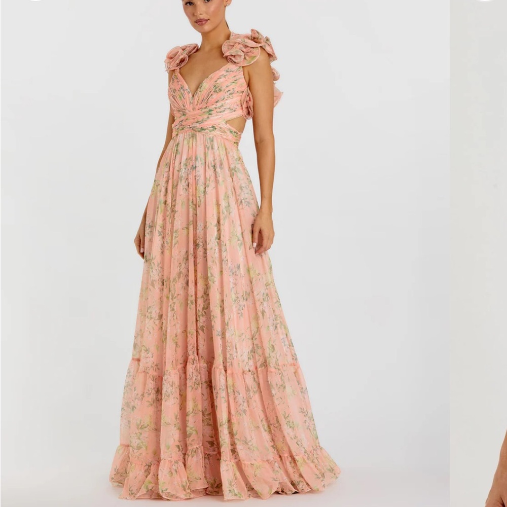 Pink Multicolor Ruffle Tiered Floral Cut-Out Chiffon Gown